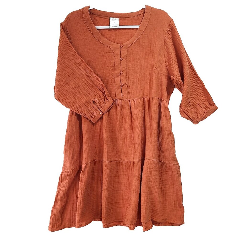 Serra NEW Lightspun Gauze Tiered Dress fits L to XL Rust Orange Button Front 3/4